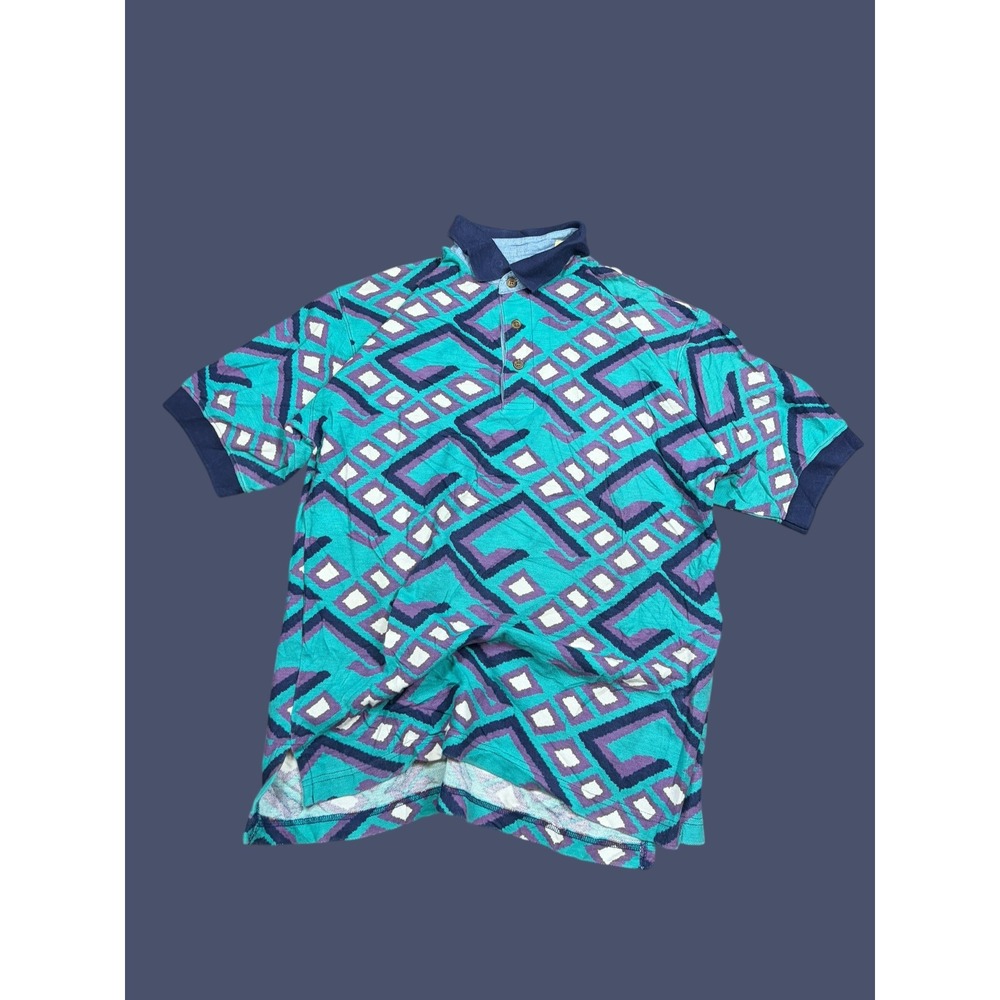 Vintage St Johns Bay Geometric Abstract Polo Shirt Mens Medium Teal Purple 90s